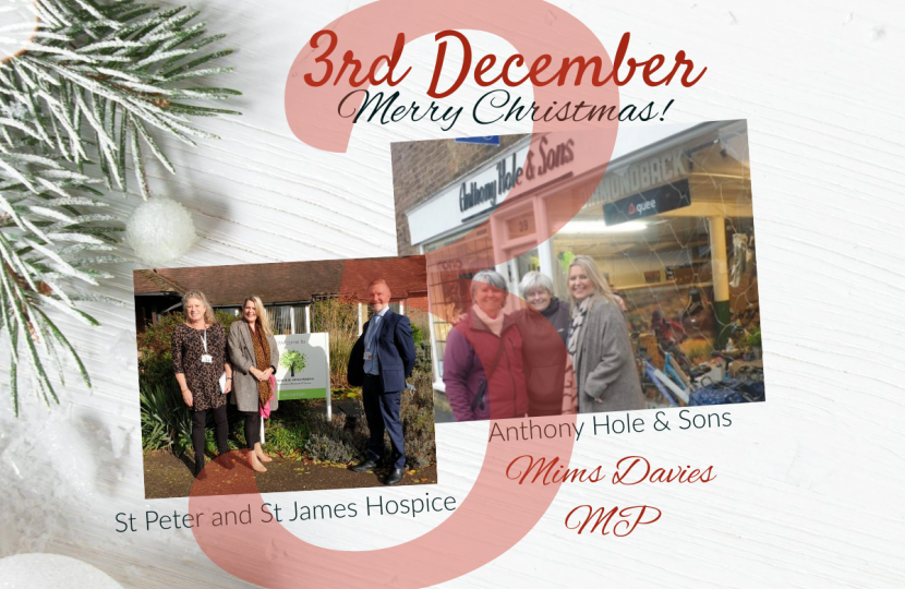 On the 3rd Day of Christmas, Mims Davies MP presents - Anthony Hole and Son & St Peter and St James Hospice 