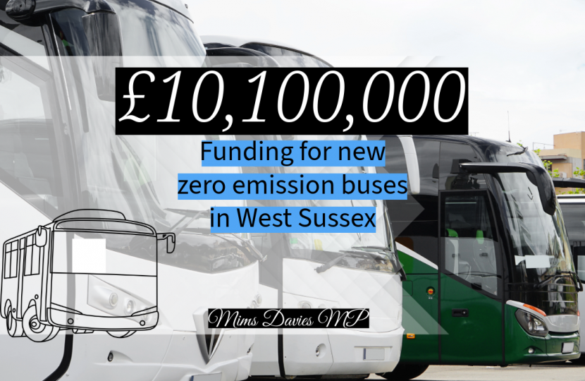 Mims Davies MP welcomes £10,100,000 for new zero-emission buses in West Sussex County Council