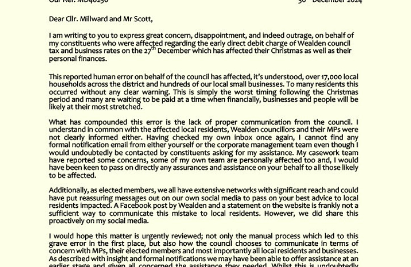 Mims Davies MP writes to Wealden District Council over outrage of Direct Debit's being taken early