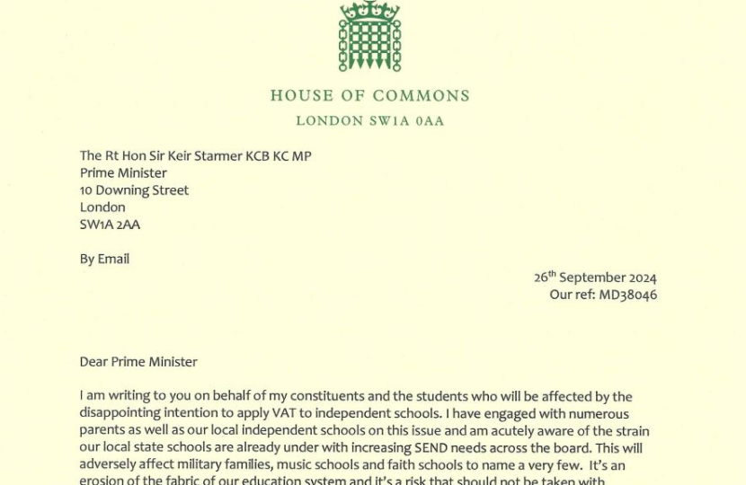 Mims Davies MP's letter to Prime Minister re VAT on Private School fees