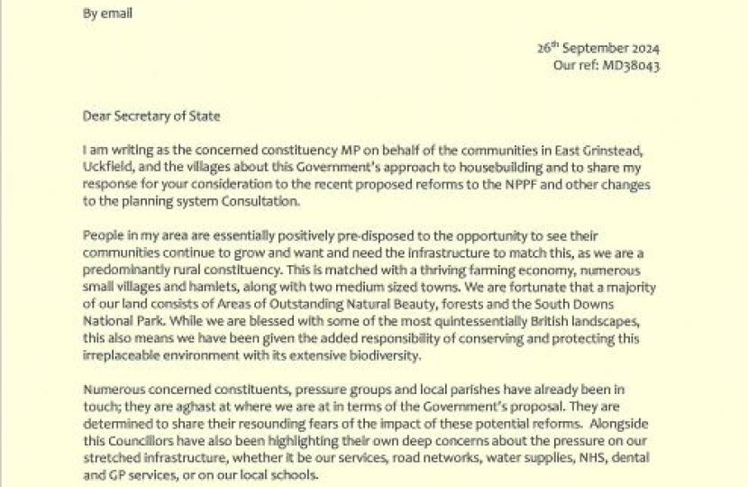 Mims Davies MP letter to Secretary of State on NPPF/Planning Consultation