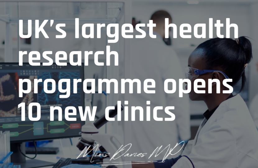 Mims Davies MP delighted UK’s largest health research programme opens 10 new clinics