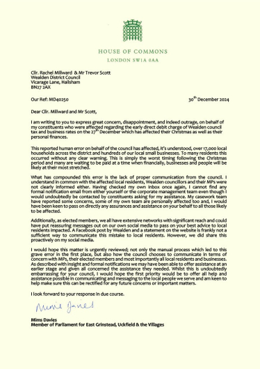 Mims Davies MP writes to Wealden District Council over outrage of Direct Debit's being taken early