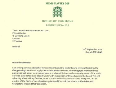 Mims Davies MP's letter to Prime Minister re VAT on Private School fees