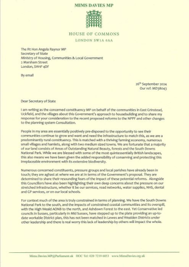 Mims Davies MP letter to Secretary of State on NPPF/Planning Consultation