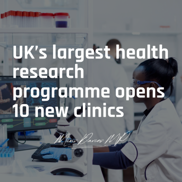 Mims Davies MP delighted UK’s largest health research programme opens 10 new clinics